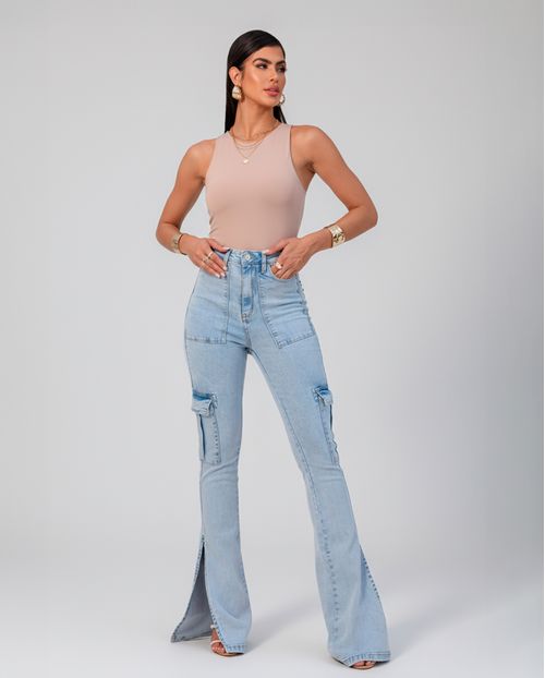 Calça Jeans Boot Cut Cargo Feminina Cintura Alta Abertura Barra 23612 Marmorizado