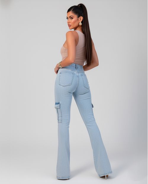 Calça Jeans Boot Cut Cargo Feminina Cintura Alta Abertura Barra 23612 Marmorizado