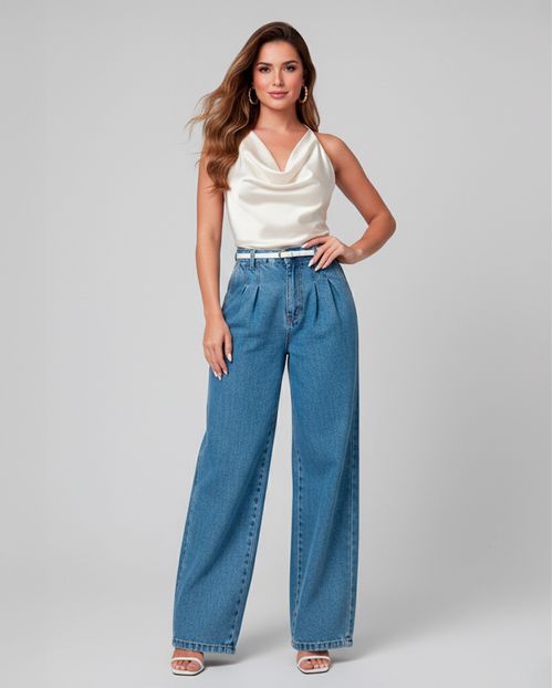 Calça Jeans Wide Leg Feminina Cintura Alta com Cinto 24275 Média