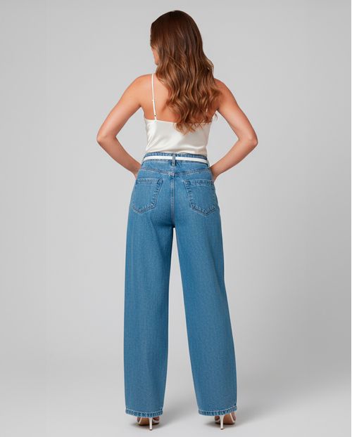 Calça Jeans Wide Leg Feminina Cintura Alta com Cinto 24275 Média