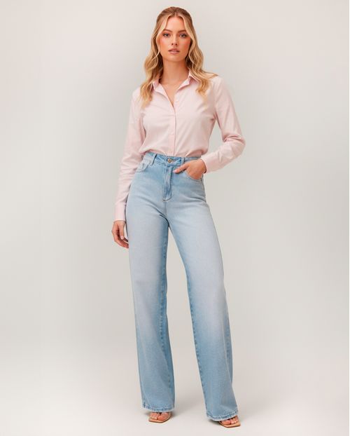 Calça Jeans Wide Leg Feminina Cintura Alta Básica sem Elastano 29034 Sky Claro