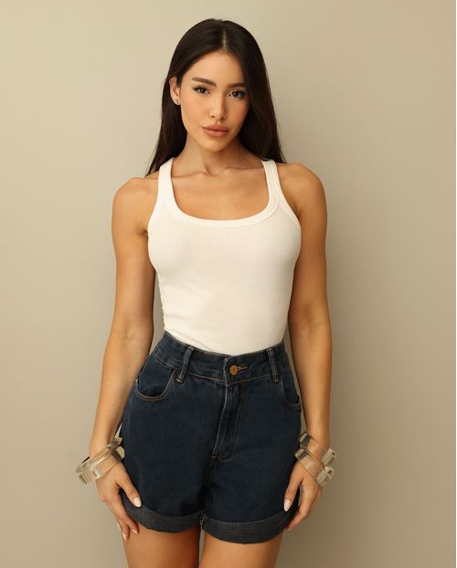 Shorts Jeans Mom Feminino Cintura Alta Barra Dobrada 24276  Black Blue