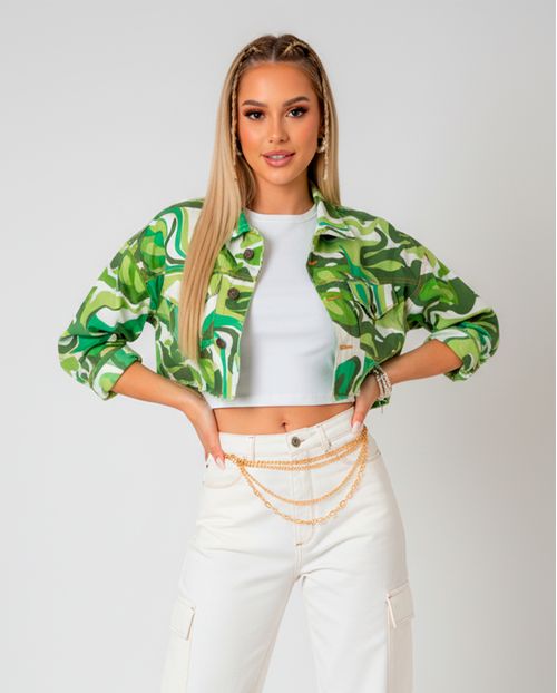 Jaqueta Feminina Cropped Oversize com Barra Desfiada  22525 Estampado Verde