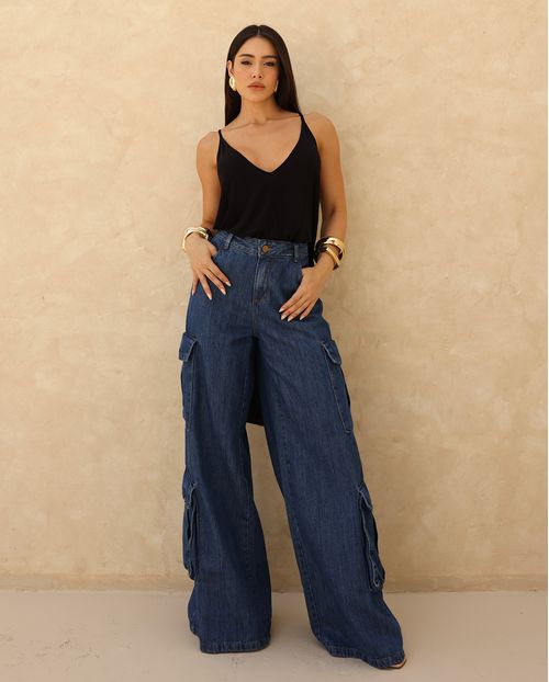 Calça Jeans Wide Leg Feminina Relaxed Cargo 24895 Escura