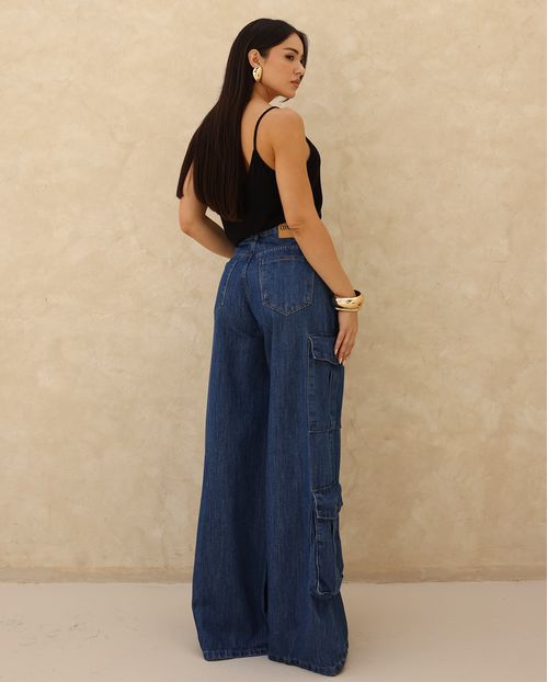 Calça Jeans Wide Leg Feminina Relaxed Cargo 24895 Escura