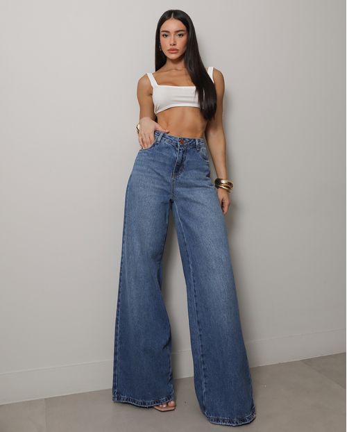 Calça Jeans Wide Leg Feminina Relaxed Cintura Baixa 29909 Medio  com Bigode