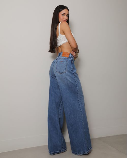 Calça Jeans Wide Leg Feminina Relaxed Cintura Baixa 29909 Medio  com Bigode
