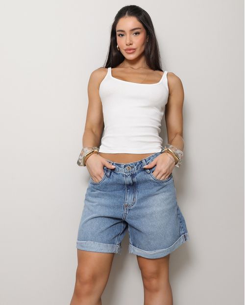 Shorts Jeans Mom Feminino com Barra Virada 25071 Sky Médio
