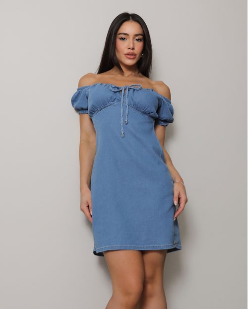 Vestido Jeans Curto Feminino com Mangas Bufantes 24926 Média