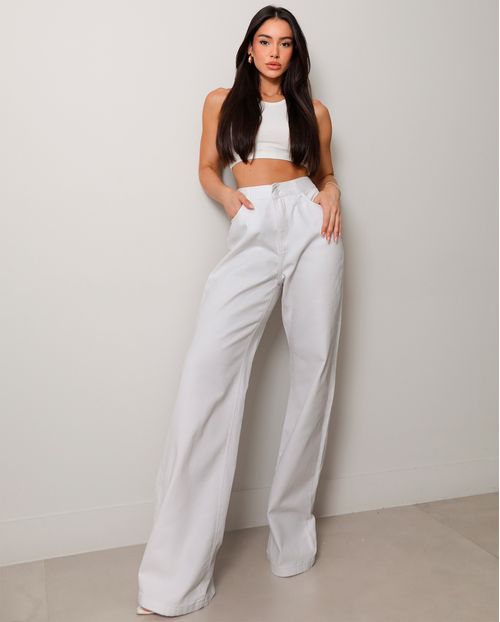 Calça Jeans Wide Leg Feminina Cintura Alta Básica Algodão 29000 Branco