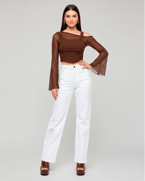 Calça Jeans Wide Leg Feminina Cintura Alta Básica com Elastano 28000 Branco