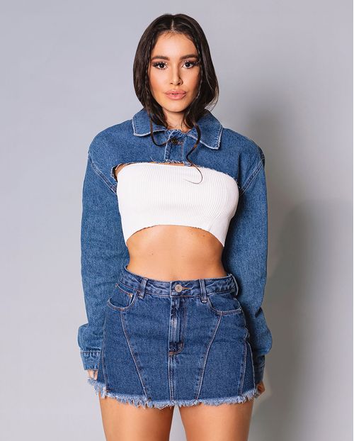 Mini Saia Jeans com Recortes Frontais e Barra Desfiada  21967 Escura