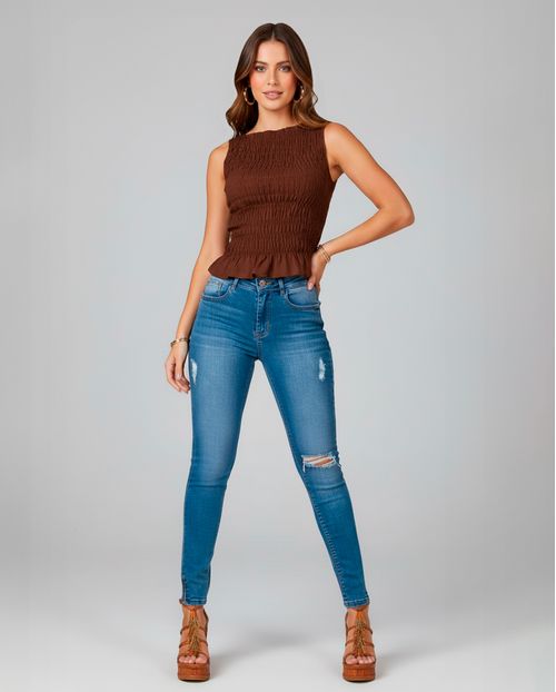 Calça Jeans Feminina com Ziper Na Lateral da Barra    22101 Média