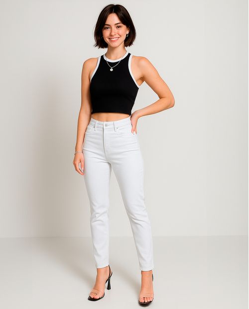 Calça Jeans Femnina Intermediaria Branco Basico  22148 Branco