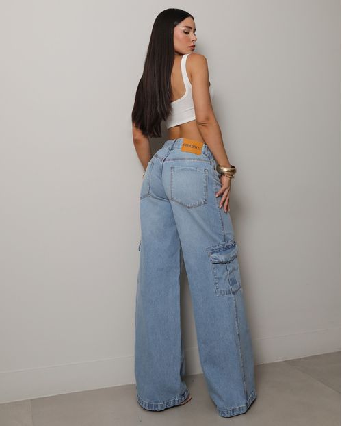 Calça Jeans Wide Leg Feminina Cargo Relaxed 24829 Clara