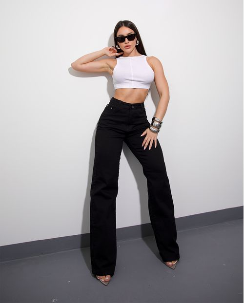 Calça Jeans Wide Leg Feminina Cintura Alta Básica com Elastano 28000 Preto
