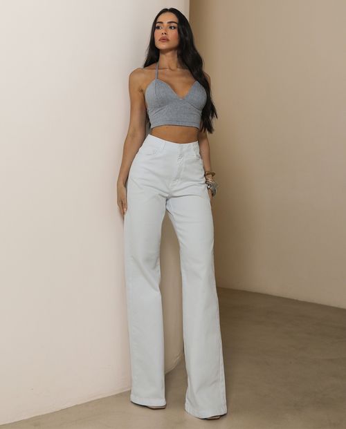 Calça Jeans Wide Leg Feminina Cintura Alta Básica com Elastano 28000 Branco