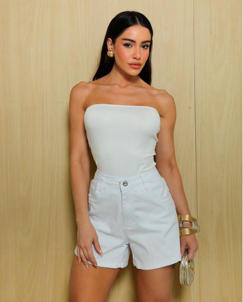 Shorts Jeans Mom Feminino Cintura Alta Básico com Elastano 70201 Branca