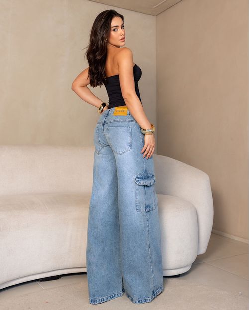 Calça Jeans Wide Leg Feminina Cargo Relaxed Cintura Baixa 29214 Sky Claro