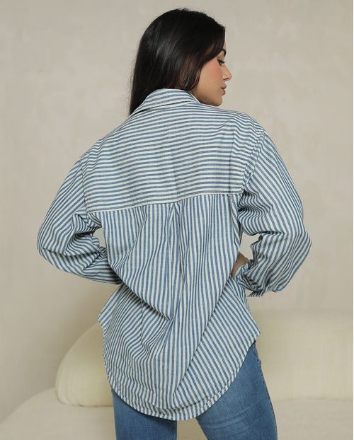 Camisa Feminina Listrada Oversize 24961 Listrado Azul