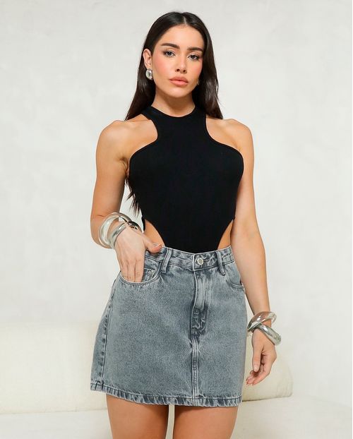 Mini Saia Jeans Feminina Cintura Alta 25111 Cinza