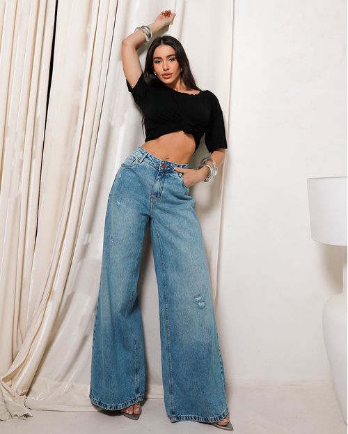 Calça Jeans Wide Leg Feminina Relaxed 25077 Sky