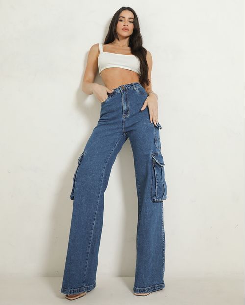 Calça Jeans Wide Leg Feminina Cargo 24952 Sky Escuro