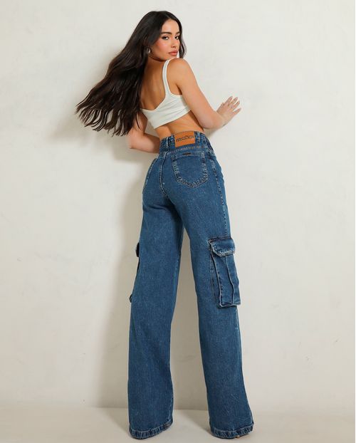 Calça Jeans Wide Leg Feminina Cargo 24952 Sky Escuro