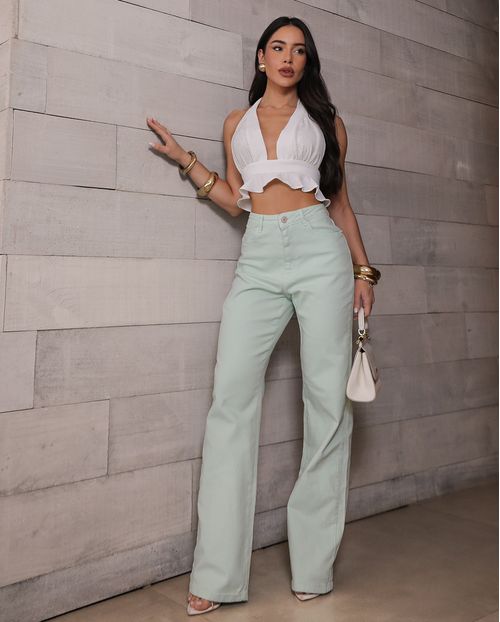 Calça Jeans Wide Leg Feminina Cintura Alta Básica com Elastano 28000 Verde Menta