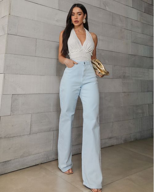 Calça Jeans Wide Leg Feminina Cintura Alta Básica com Elastano 28000 Azul