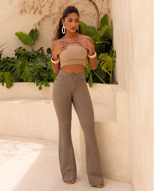 Calça Sarja Feminina Flare Cintura Alta 25098 Caqui