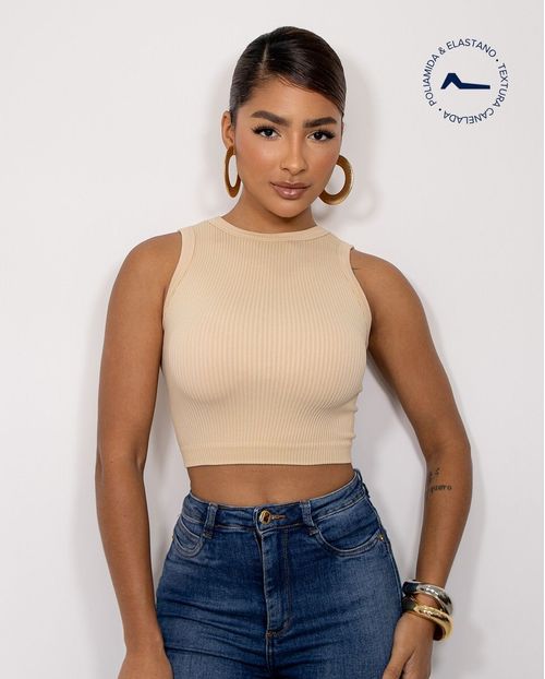 Regata Cropped Feminina Canelada Poliamida 99225 Bege
