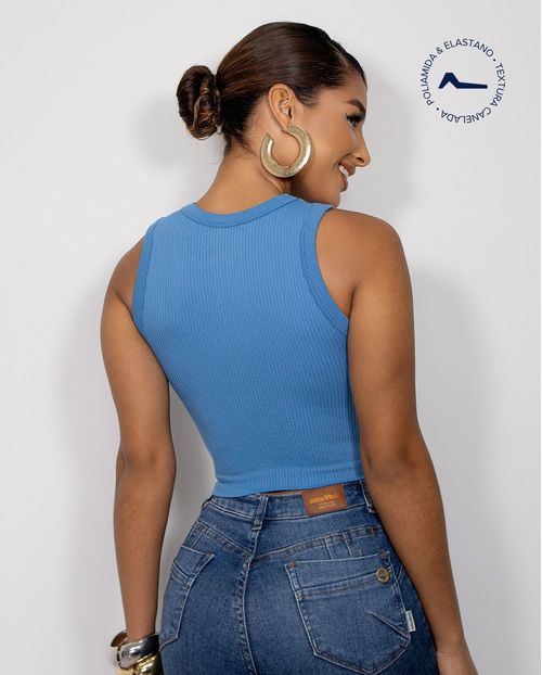 Regata Cropped Feminina Canelada Poliamida 99225 Azul