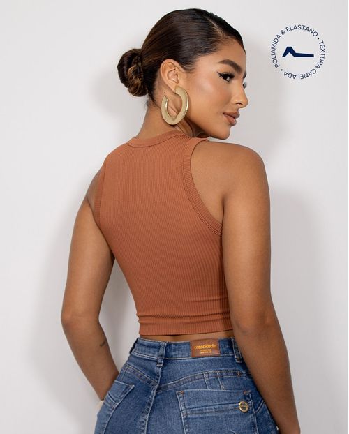 Regata Cropped Feminina Canelada Poliamida 99225 Marrom