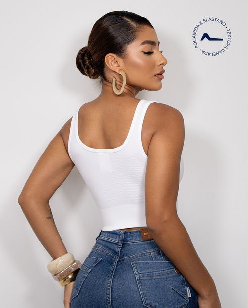 Regata Cropped Feminina Poliamida Canelada 99176  Branco