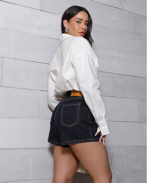 Shorts Jeans Mom Feminino Cintura Alta Básico com Elastano 70201 Amaciado