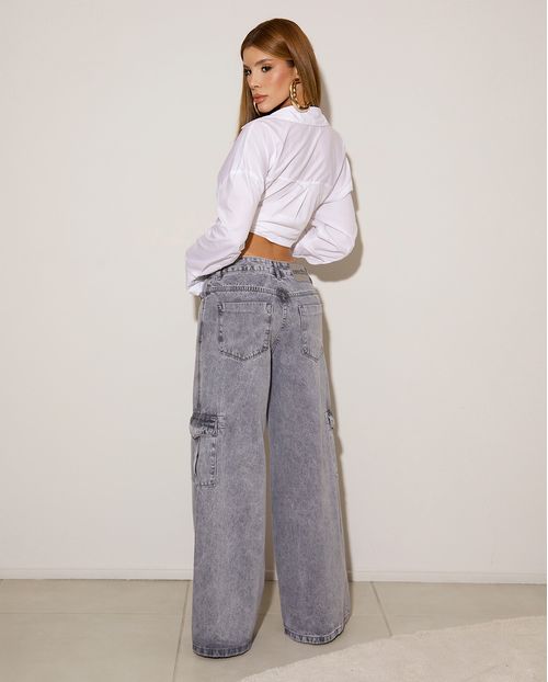 Calça Jeans Wide Leg Feminina Relaxed Cargo 25115 Cinza