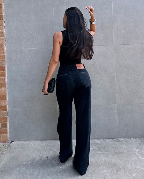 Calça Jeans Wide Leg Feminina Cintura Alta 25116 Preto