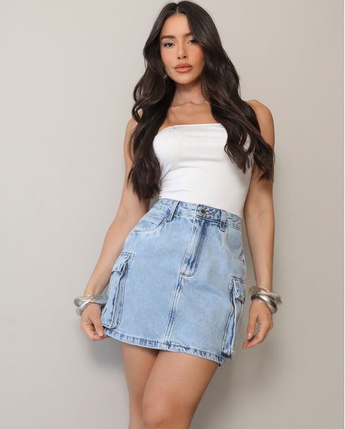 Mini Saia Jeans Feminina Cargo 24955 Sky Claro