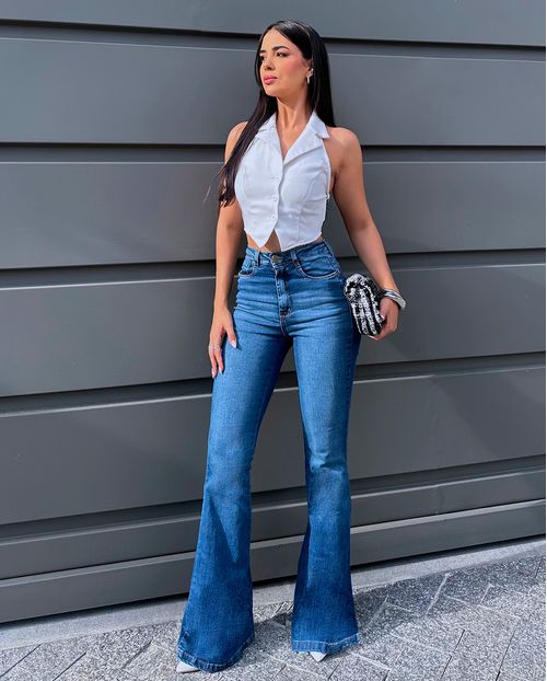 Calça Jeans Flare Feminina Cintura Alta 25150 Sky Escuro